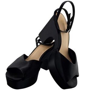 H&M Black Satin Platform Sandals Sz 38 US 7.5–8 Chunky Block Heel  Dress Shoes